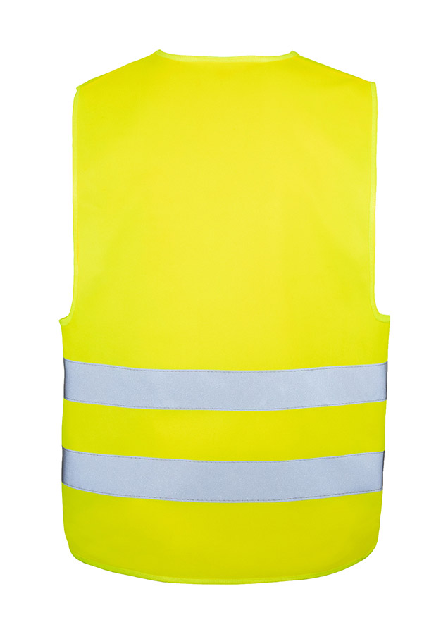 Adults in yellow safety vests stand in front of their car and have a breakdown, while one is on the phone