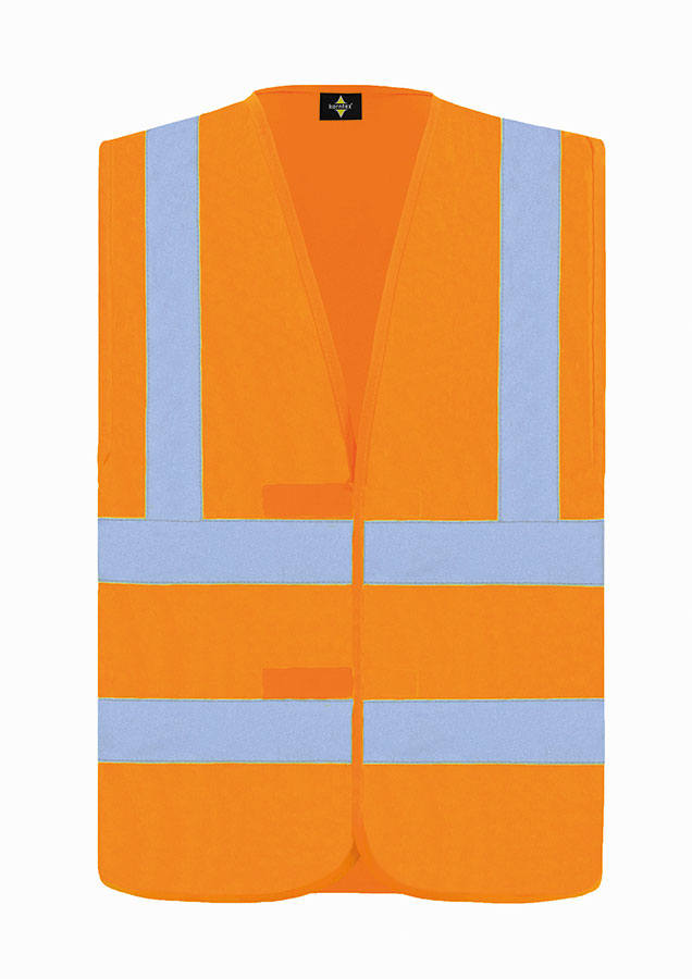 Adult man in fluorescent signal yellow Korntex safety vest standing in front of large metal containers