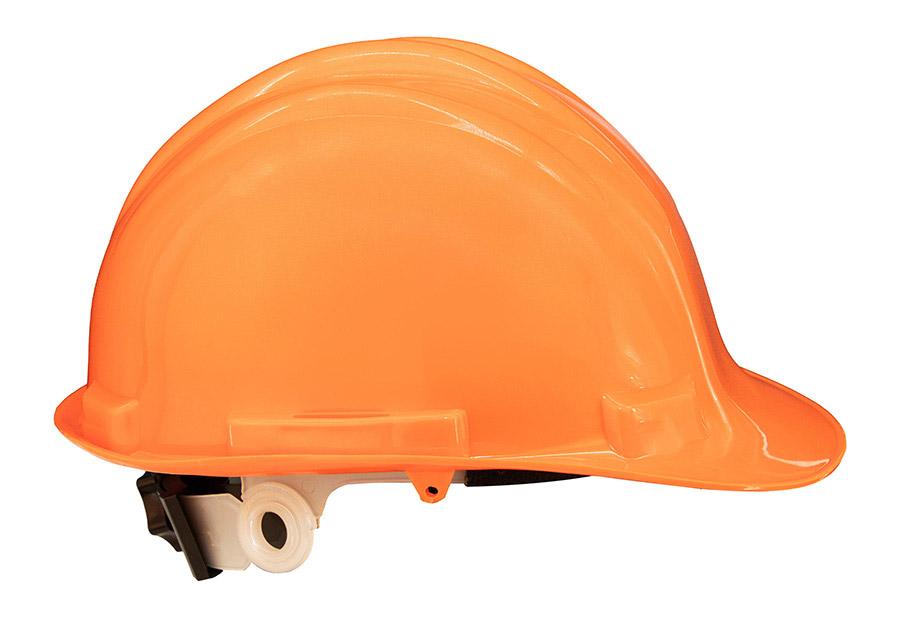 Basic Schutzhelm „Le Havre“ mit Regenrinne in robuster Einheitsgröße, zuverlässiger Baustellenhelm mit Adaptertaschen für Zubehör.