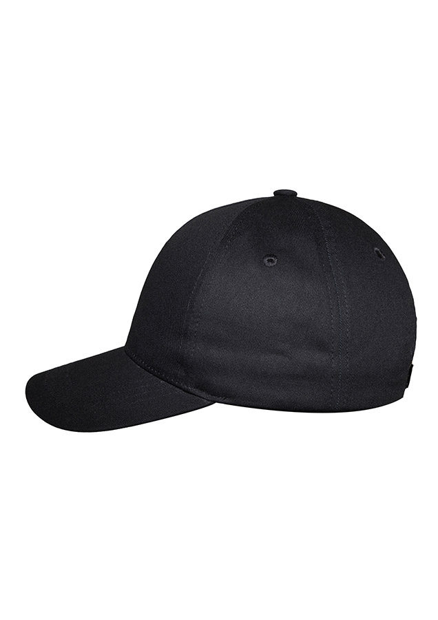 Seitenansicht schwarze Korntex Base Cap mit 5-Panel-Design und verstellbarer Schiebeschnalle, sportliche Cap für Freizeit und Arbeit