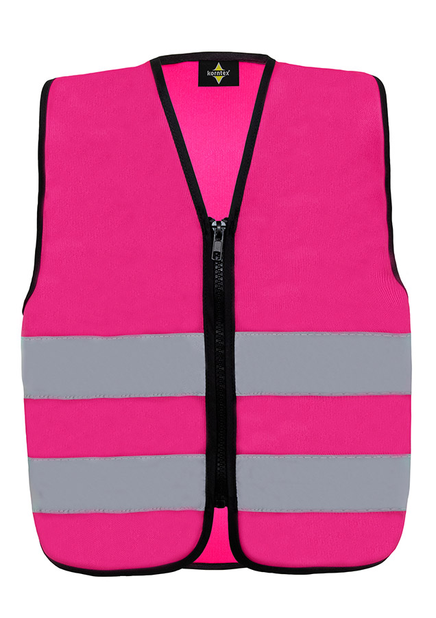 Young smiling girl in signal yellow Korntex safety vest with reflective stripes and zip fastener standing in the park