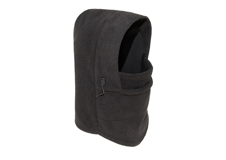 Seitliche Ansicht der schwarzen Korntex Sturmhaube aus Polarfleece mit großem Sichtfeld, geeignet für Security, Motorrad und Outdoor-Schutz bei Kälte
